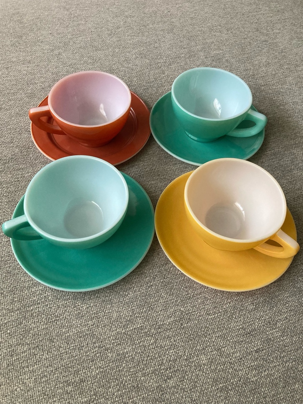 Colorful Pyrex-like Tea Cup and Saucer Set - Yellow, Teal, and Orange